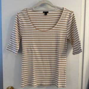 Ann Taylor Tan and White Striped Short Sleeve Top